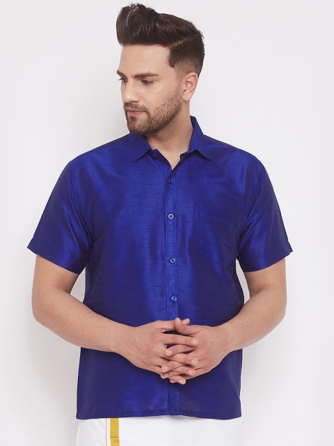 

VASTRAMAY Men Blue Regular Fit Solid Silk Casual Shirt