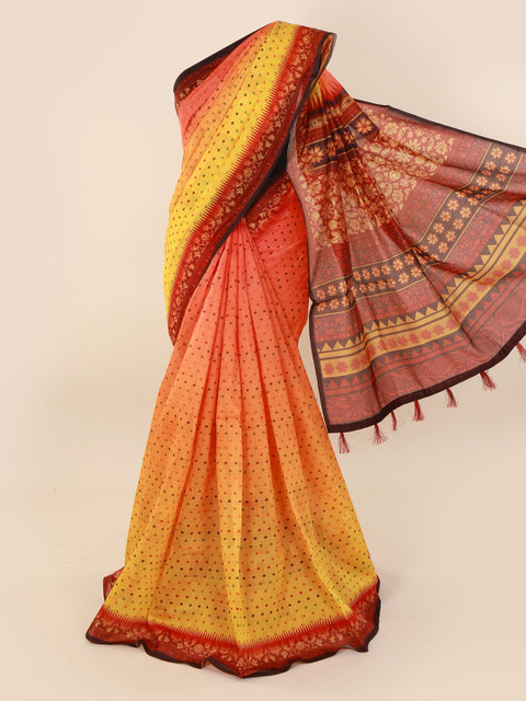 

Pothys Yellow & Peach-Coloured Cotton Blend Printed Saree