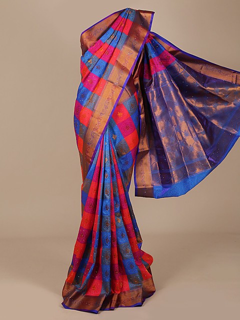 

Pothys Orange & Blue Art Silk Checked Saree