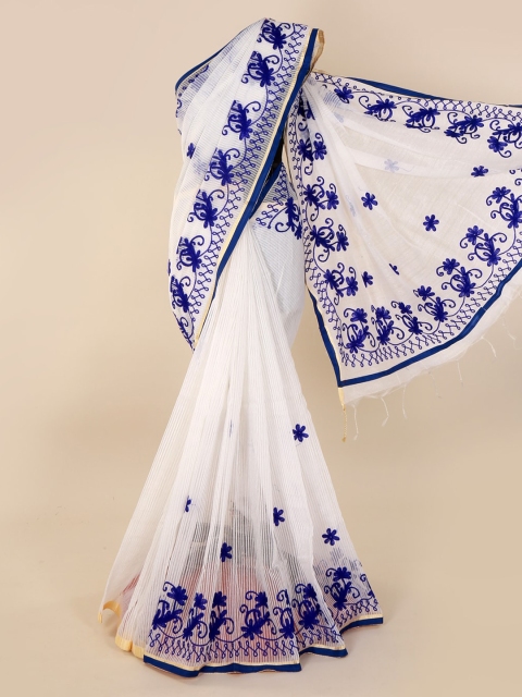 

Pothys White & Navy Blue Cotton Blend Woven Design Saree