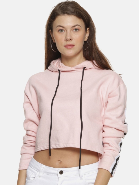 

Campus Sutra Women Pink Solid Hooded Crop Hooded Cotton Sweatshirt