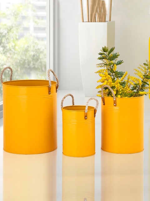 

Aapno Rajasthan Set Of 3 Mustard Yellow Solid Planters With Rope Loops