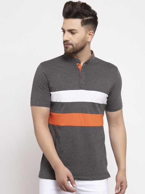 

Kalt Men Grey Striped Mandarin Collar T-shirt