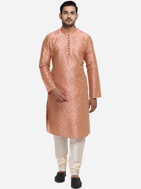 

azania Men Peach-Coloured Solid Jacquard Kurta with Churidar