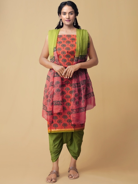 

Unnati Silks Women Orange & Green Unstitched Dress Material