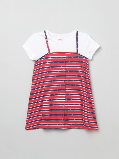 

max Girls Red & Off-White Striped A-Line Dress With T-shirt