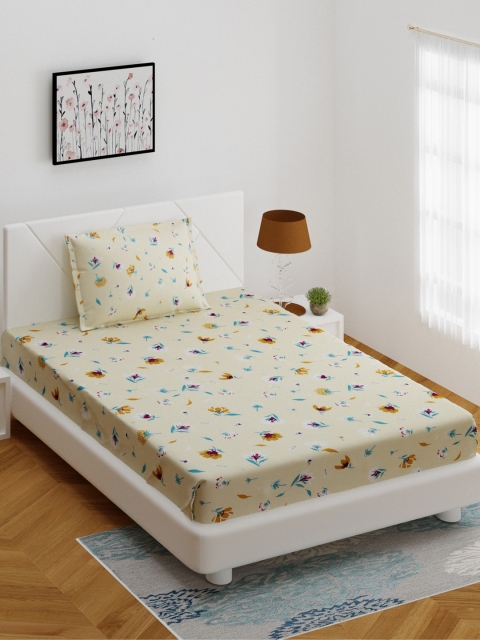 

BOMBAY DYEING Cream-Coloured & Blue Printed 164 TC 1 Single Bedsheet With 2 Pillow Cover