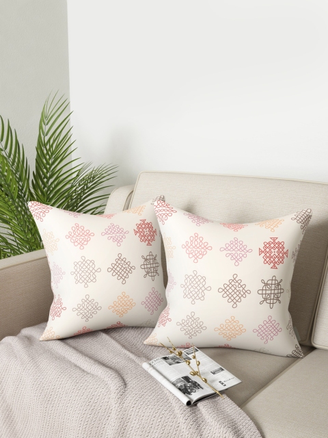 

PETAL HOME Set Of 2 White & Pink Printed Vellore Cotton Cushion Covers