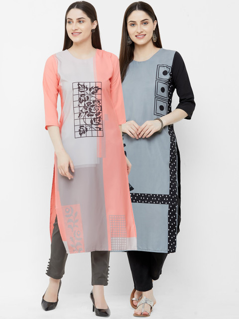 

7Threads Women Peach-Coloured & Grey Printed Straight Kurta