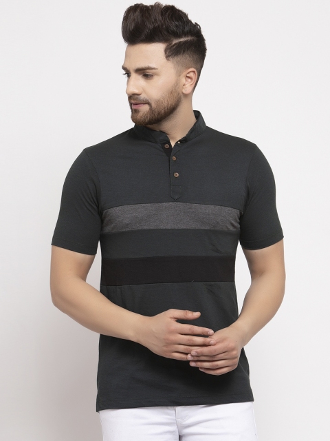 

Kalt Men Grey Striped Mandarin Collar T-shirt