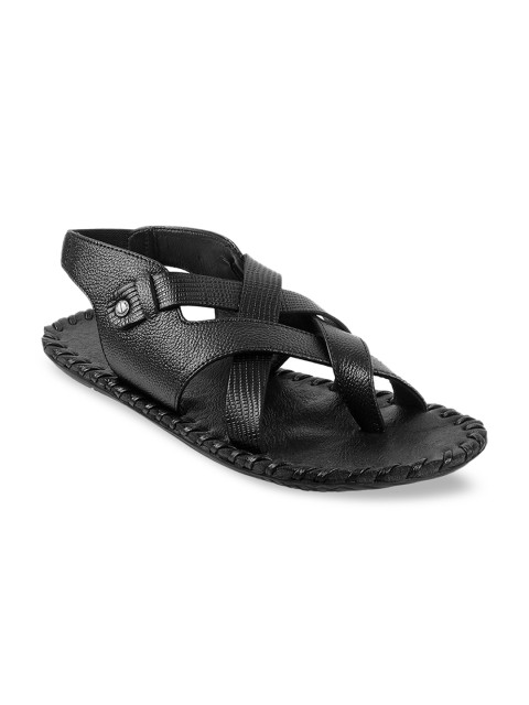 

Metro Men Black Solid Leather Comfort Sandals