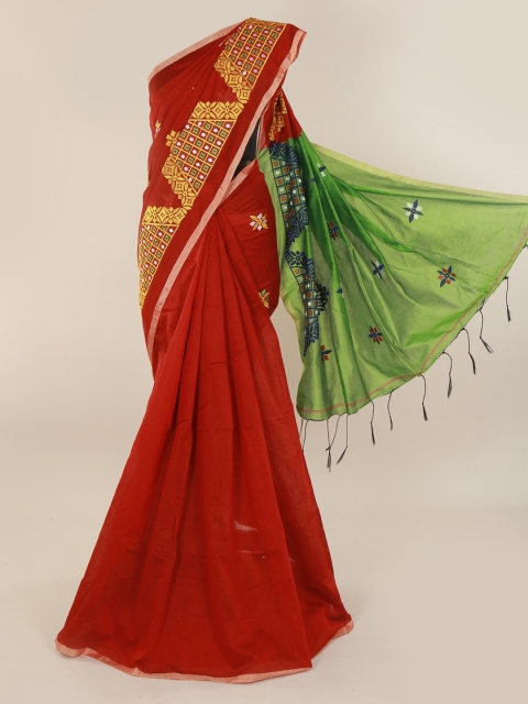 

Pothys Red & Green Cotton Blend Embroidered Saree