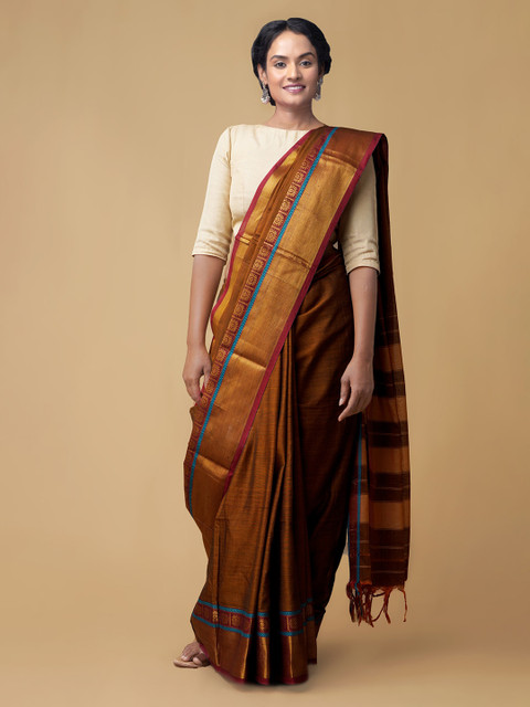 

Unnati Silks Brown Pure Cotton Solid Narayan Peth Saree