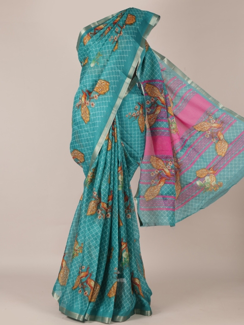 

Pothys Turquoise Blue Printed Jute Silk Saree with Zari Border