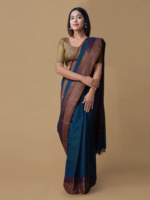 

Unnati Silks Blue Solid Silk Cotton Saree