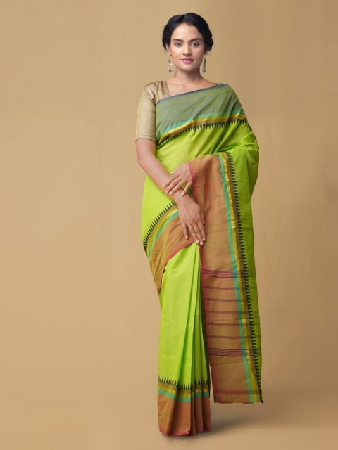 

Unnati Silks Green Pure Cotton Solid Kanjeevaram Handloom Saree