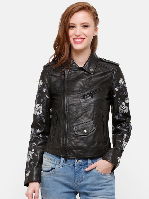 

STROP Women Black Printed Asymmetric Closure Leather Jacket