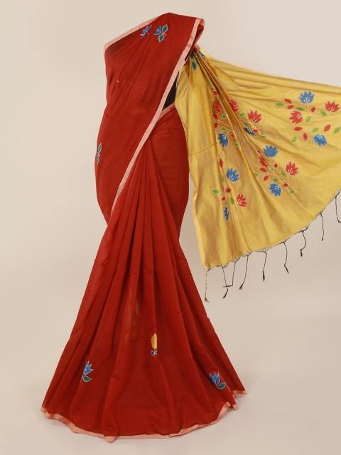 

Pothys Maroon Embroidered Cotton Blend Saree
