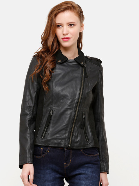 

STROP Women Black Solid Asymmetric Closure Leather Jacket
