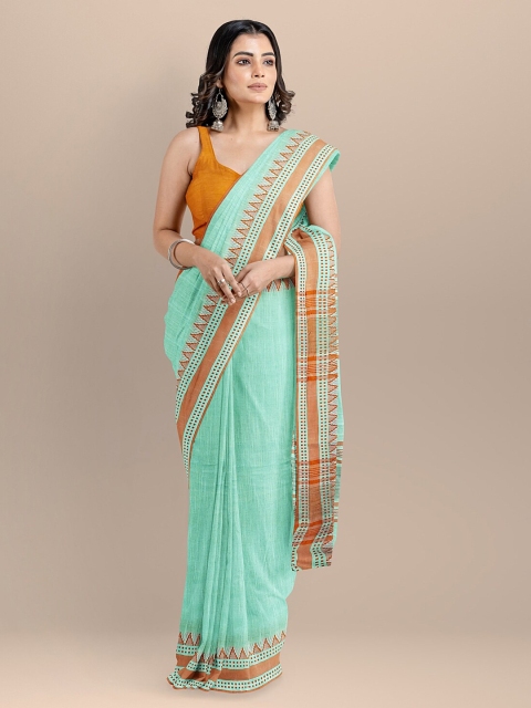 

BharatSthali Sea Green & Orange Pure Cotton Woven Design Maheshwari Handloom Saree