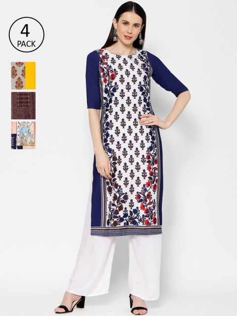 

7Threads Women Pack Of 4 Printed Straight Kurtas, Blue
