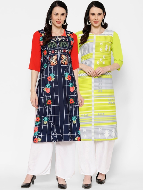 

7Threads Women Pack of 2 Printed Straight Kurtas, Blue