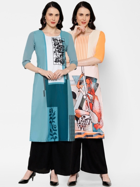 

7Threads Women Multicoloured & Blue Printed Straight Kurta Pack of 2, Multi
