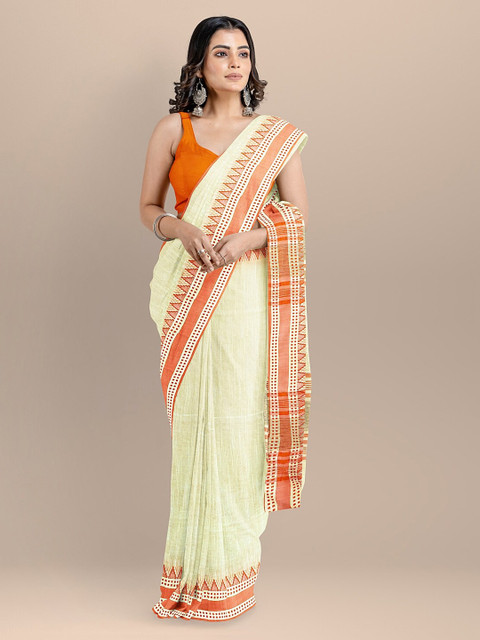 

BharatSthali Cream-Coloured Pure Cotton Solid Maheshwari Sustainable Saree