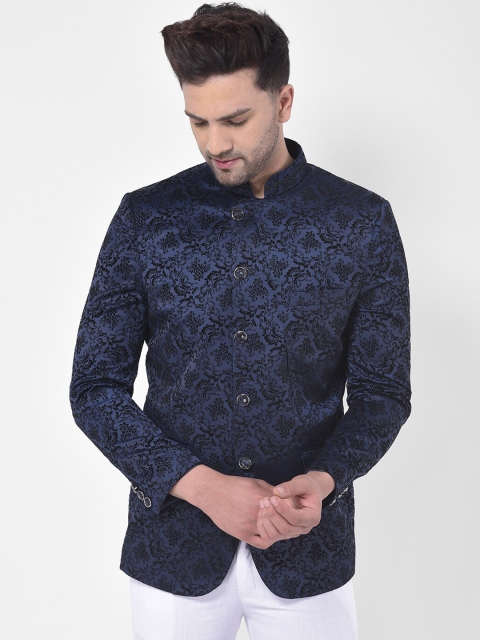 

LUXURAZI Men Navy-Blue & Black Printed Bandhgala Tailored-Fit Blazer