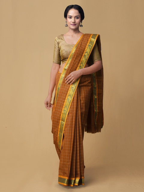 

Unnati Silks Brown Pure Cotton Checked Handloom Chettinad Saree