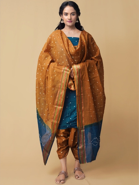 

Unnati Silks Women Blue & Brown Bandhani Print Unstitched Dress Material