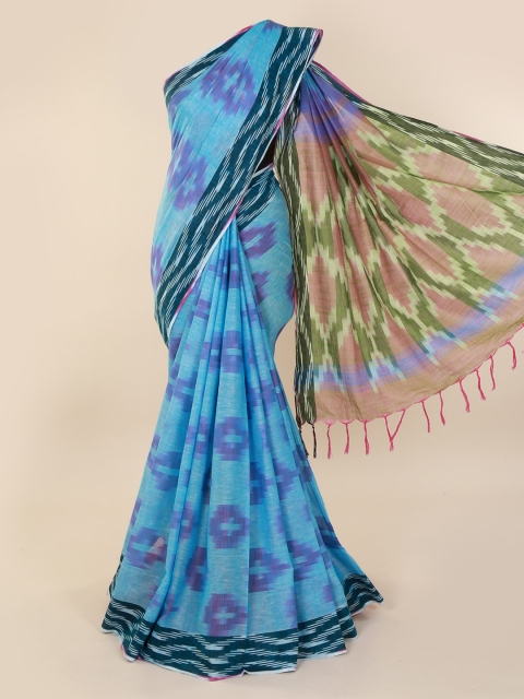 

Pothys Blue & Yellow Linen Blend Printed Saree
