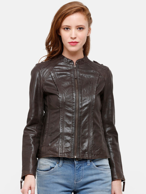 

STROP Women Brown Solid Slim Fit Windcheater Leather Biker Jacket