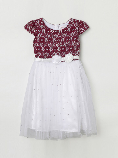 

max Girls White & Maroon Self Design Fit and Flare Dress