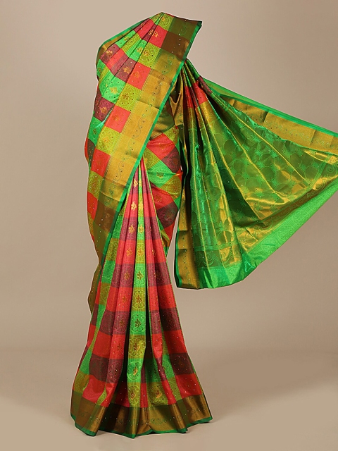 

Pothys Green & Orange Art Silk Checked Saree