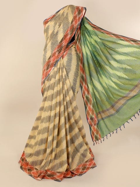 

Pothys Cream-Coloured & Green Linen Blend Striped Saree