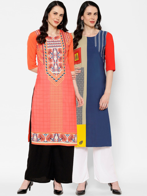 

7Threads Women Pack Of 2 Printed Straight Kurtas, Peach