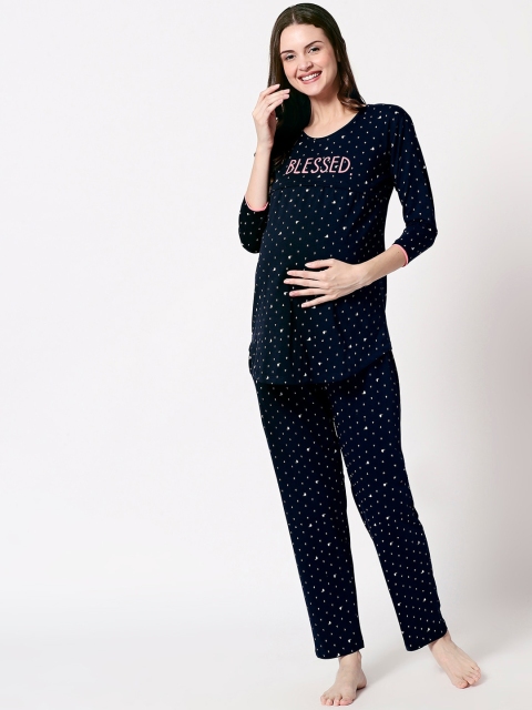 

Zeyo Women Navy Blue Printed Maternity Night Suit ZNS-FEED-5331