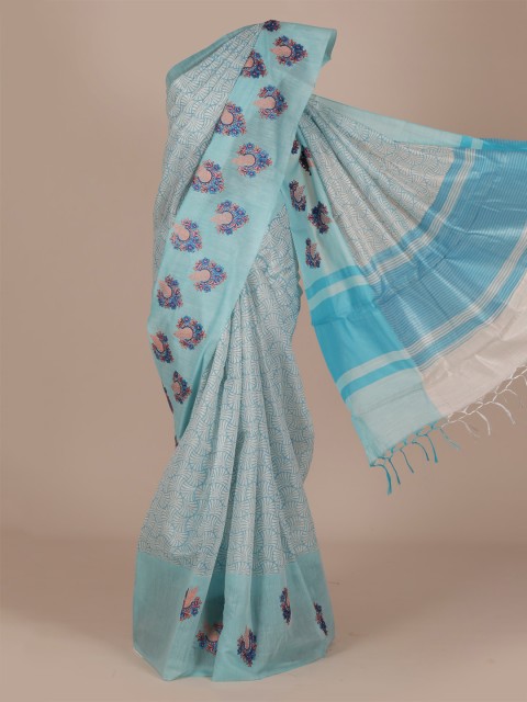 

Pothys Blue Printed Cotton Blend Saree with Floral Printed Border