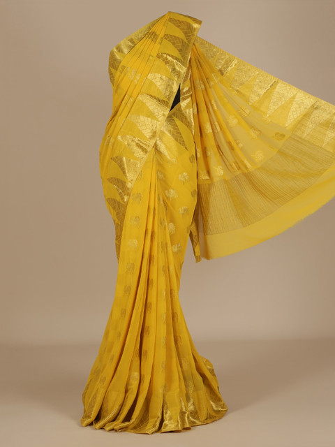 

Pothys Yellow & Gold-Toned Poly Chiffon Printed Saree