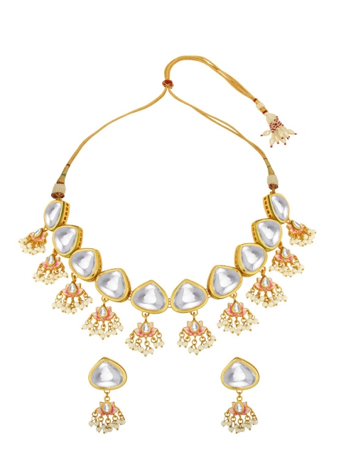 

Alamod Gold-Plated & Pink Kundan Stone-Studded & Beaded Jadau Jewellery Set