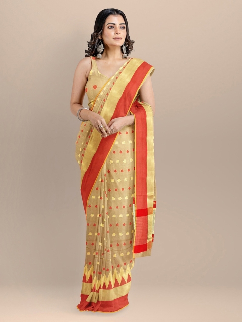 

BharatSthali Gold-Toned & Red Silk Cotton Woven Design Banarasi Saree