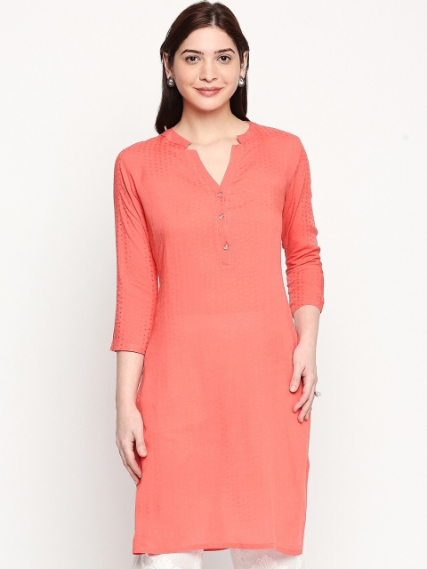 

inocenCia Women Coral-Coloured Woven-Design Straight Kurti
