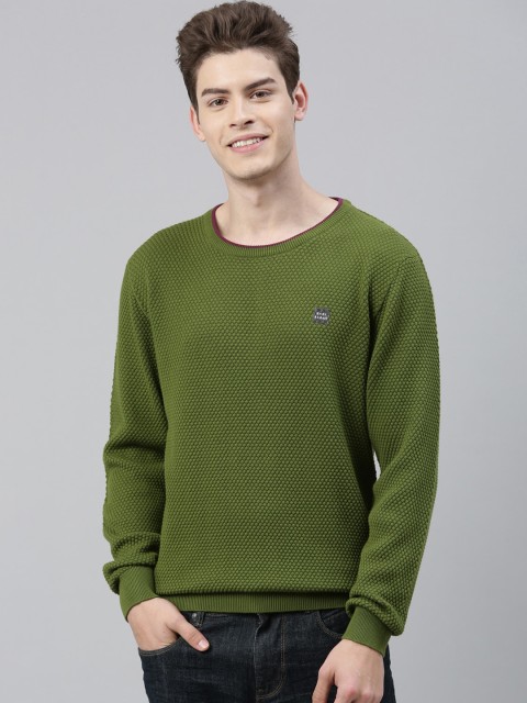 

RARE RABBIT Men Olive Green Self-Design Pullover Sweater