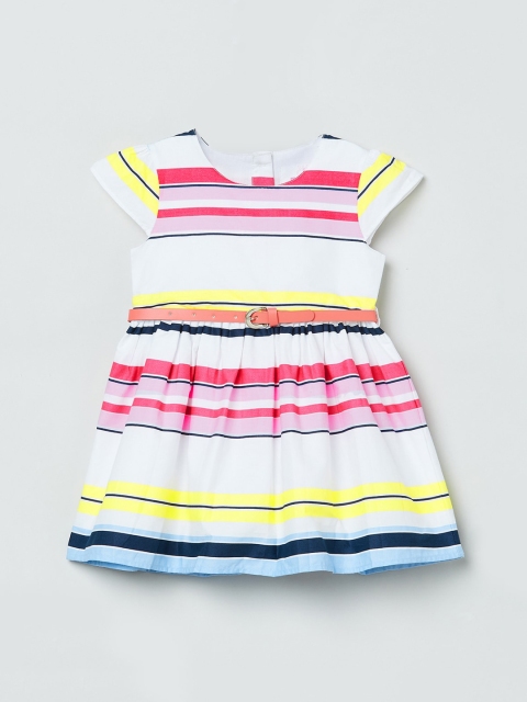 

max Girls White & Pink Striped Cotton Fit and Flare Dress