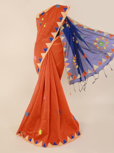 

Pothys Orange & Blue Cotton Blend Solid Saree
