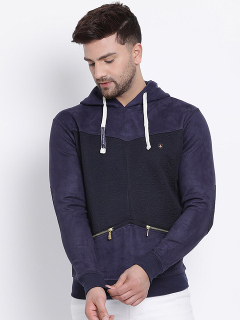 

SWISS MILITARY Men Navy Blue & Black Colourblocked Hooded Sweatshirt