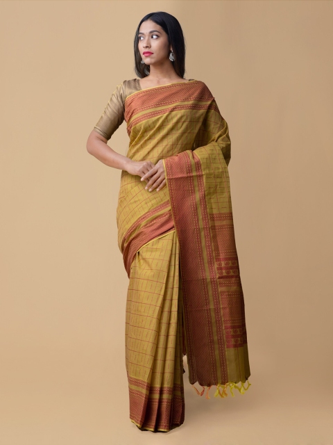 

Unnati Silks Yellow Pure Cotton Checked Mysore Silk Saree