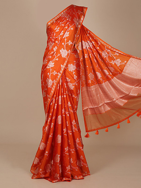 

Pothys Orange & Silver-Toned Art Silk Printed Saree