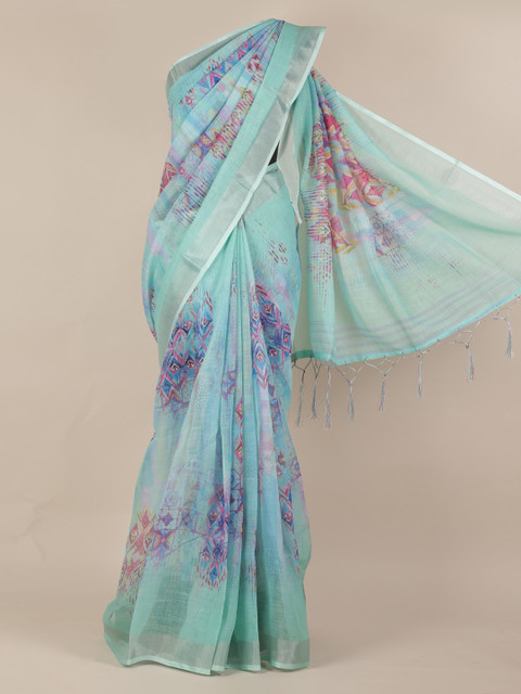 

Pothys Blue Printed Linen Blend Saree